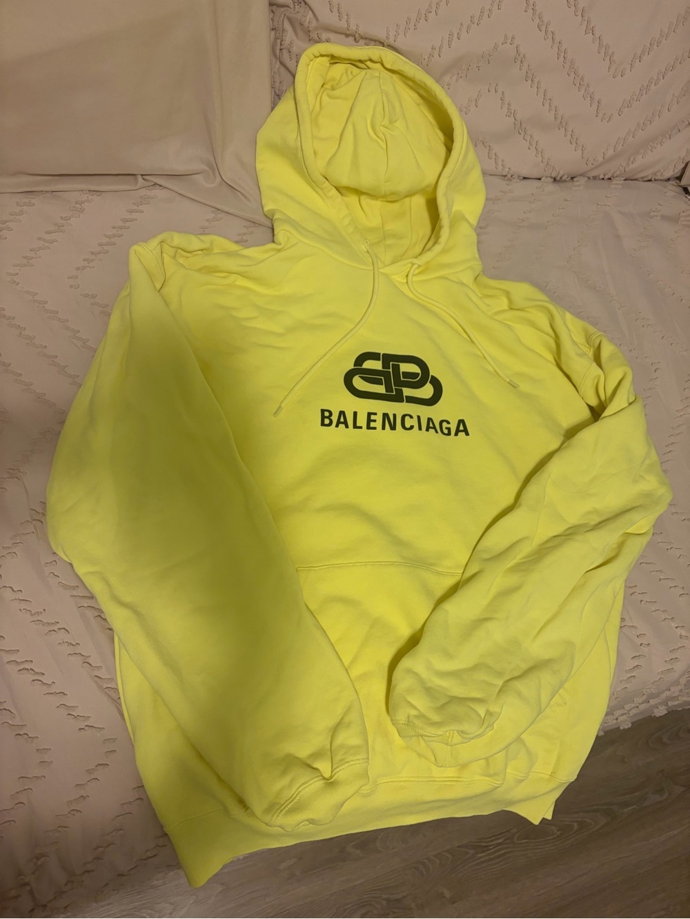 Balenciaga Men’s Neon Yellow Logo Crewneck Hoodie